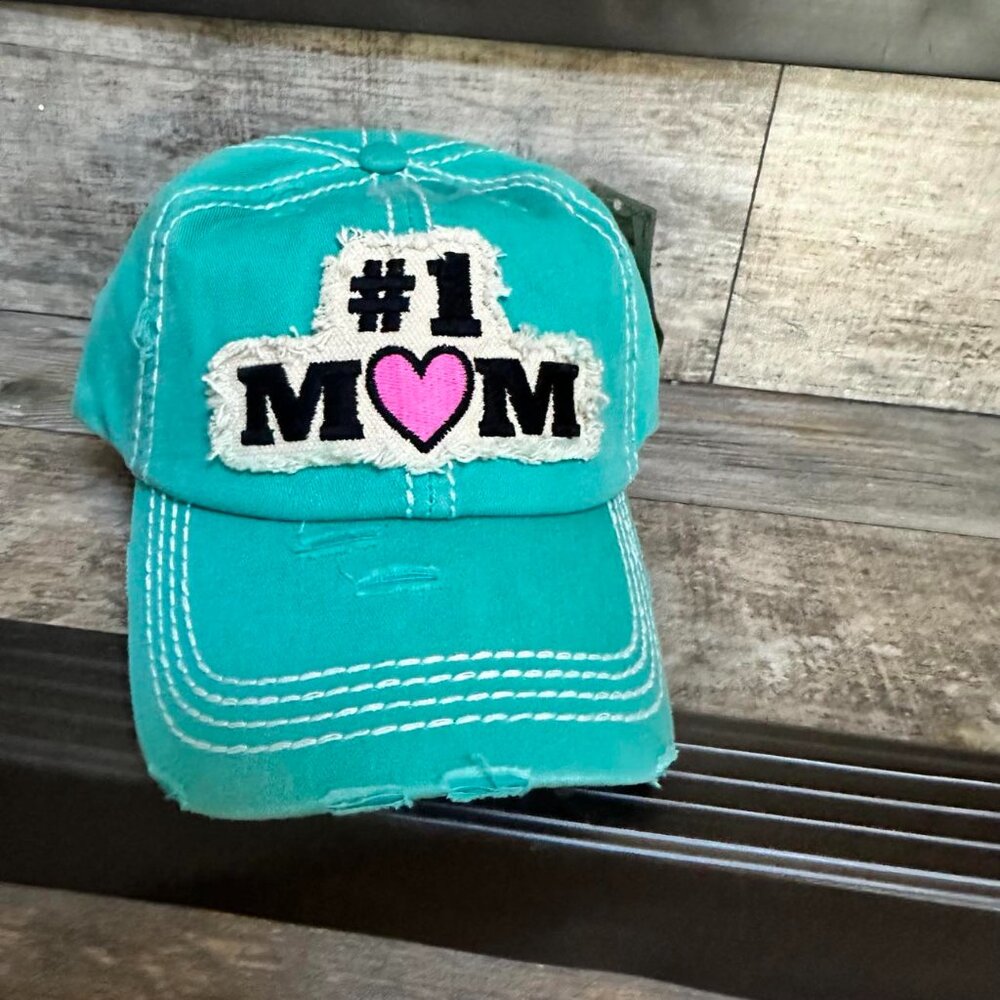 NWT KBETHOS Womens Distressed Turquoise #1Mom Adjustable Baseball Cap